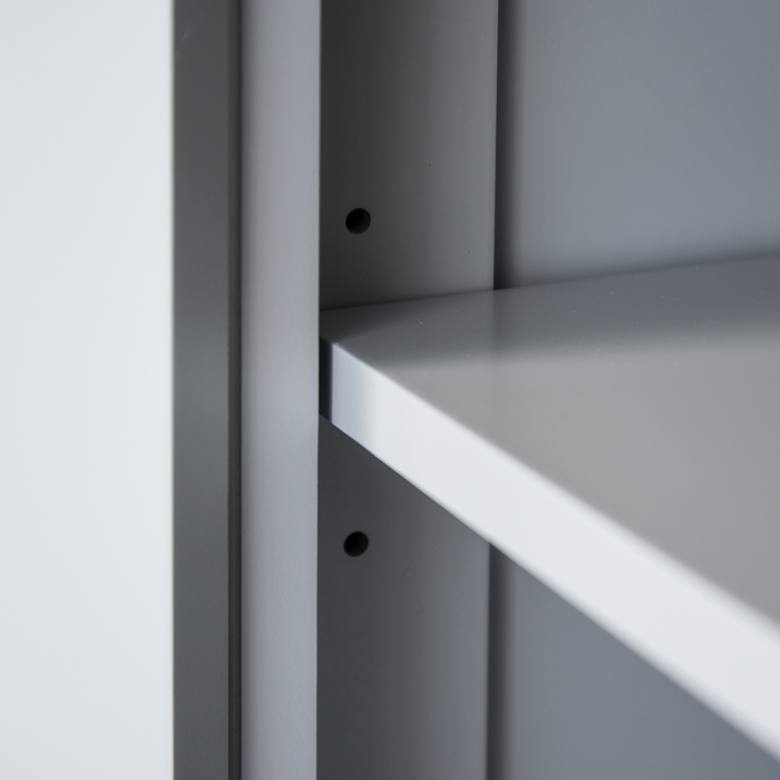Tall Grey Storage Cabinet – 2-Door Cupboard with Drawer & Adjustable Shelves