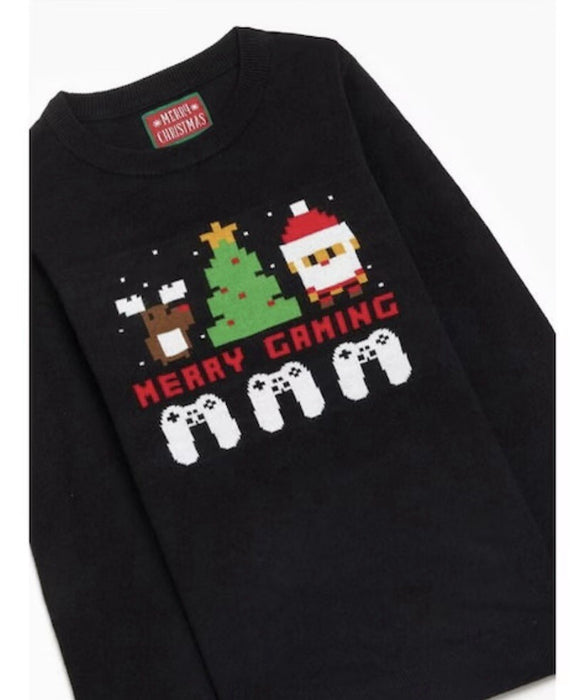 Boys Gaming Christmas Jumper Kids Xmas Sweater Black Knit Festive Gamer Pullover