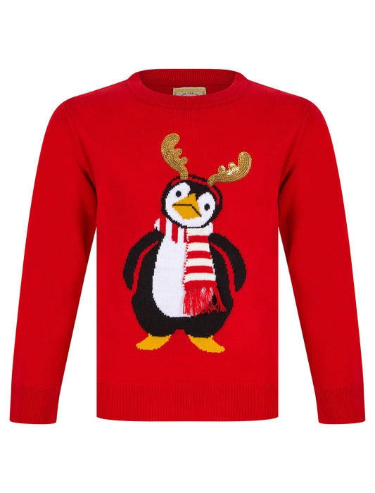 Kids Girls Christmas Jumper Antler Penguin Novelty Sequinned Xmas Sweater