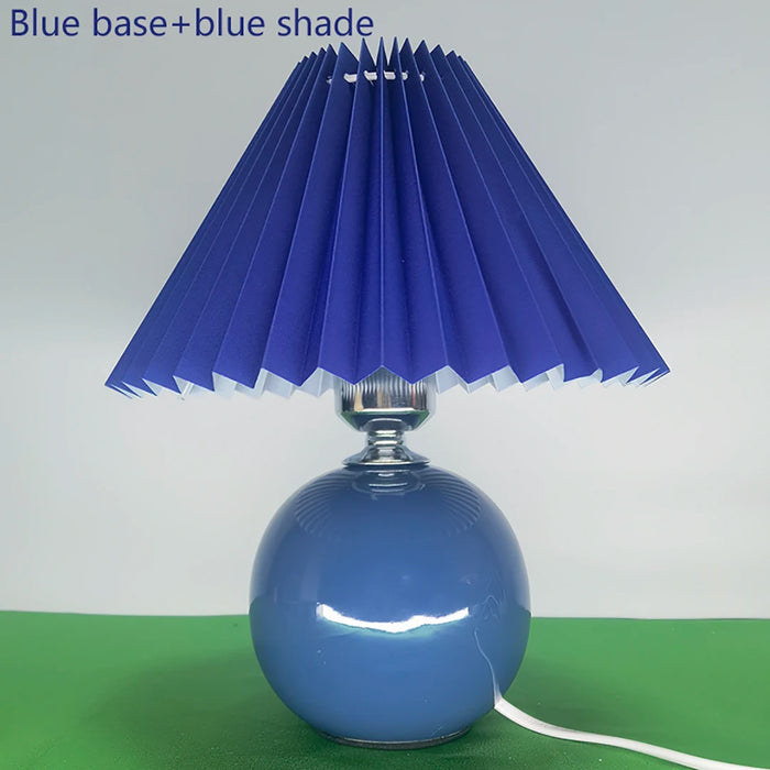 Korean Table Lamp – Vintage Pleated Fabric Shade with Ceramic Base