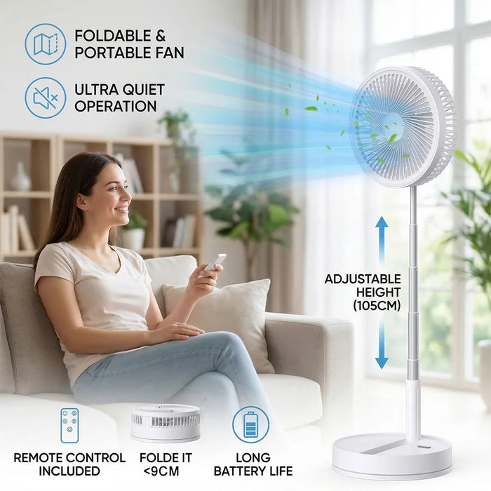 Foldable portable 9-inch telescopic tower fan with USB-C charging, remote control, and 8000mAh battery for indoor and outdoor cooling