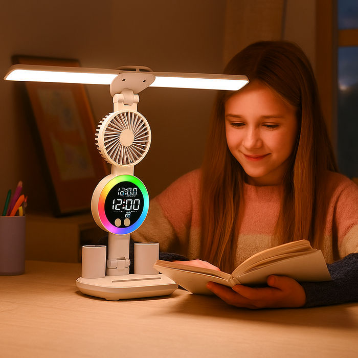 Rechargeable LED desk lamp with built-in fan and clock display for study or office use