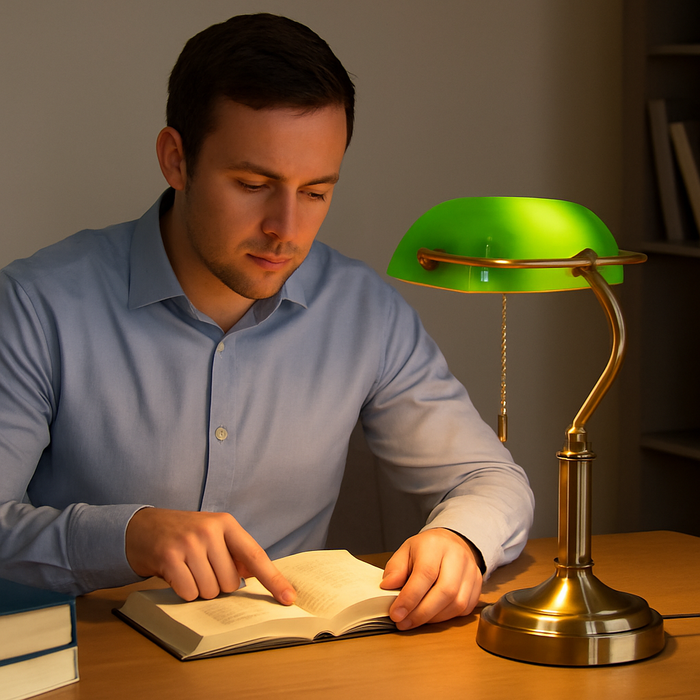 Classic banker’s desk lamp with antique bronze base and green glass shade on wooden desk