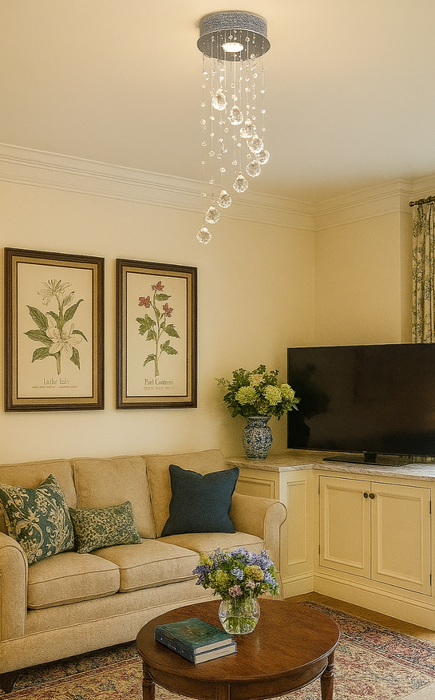 Crystal Spiral Chandelier – Elegant Rain Drop Ceiling Light with K9 Crystal Droplets & Chrome Finish - Samanta Factory