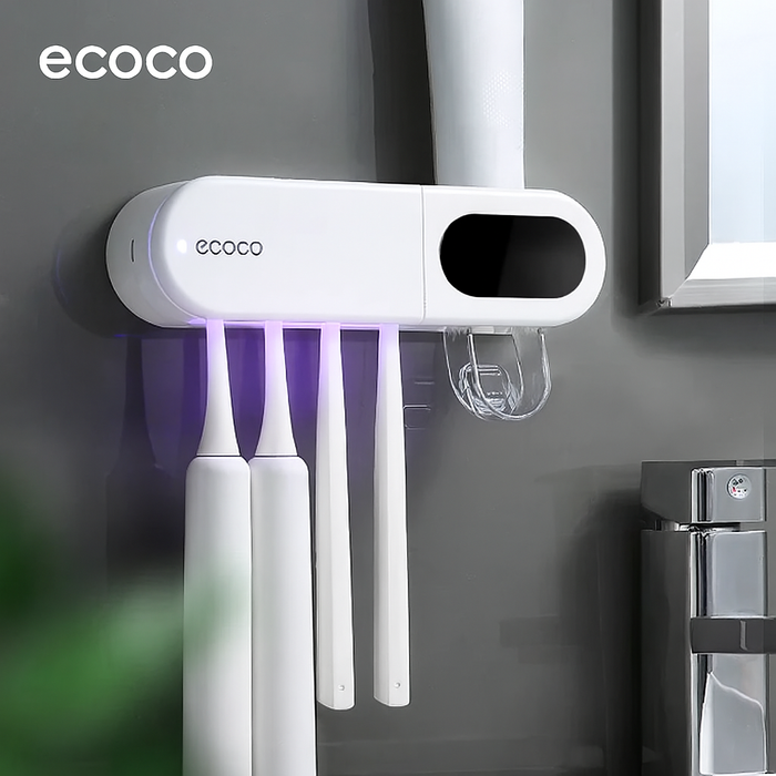 Modern wall-mounted toothbrush holder with 4 magnetic cups, built-in toothpaste dispenser, and LED display showing time and temperature