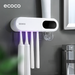 Modern wall-mounted toothbrush holder with 4 magnetic cups, built-in toothpaste dispenser, and LED display showing time and temperature