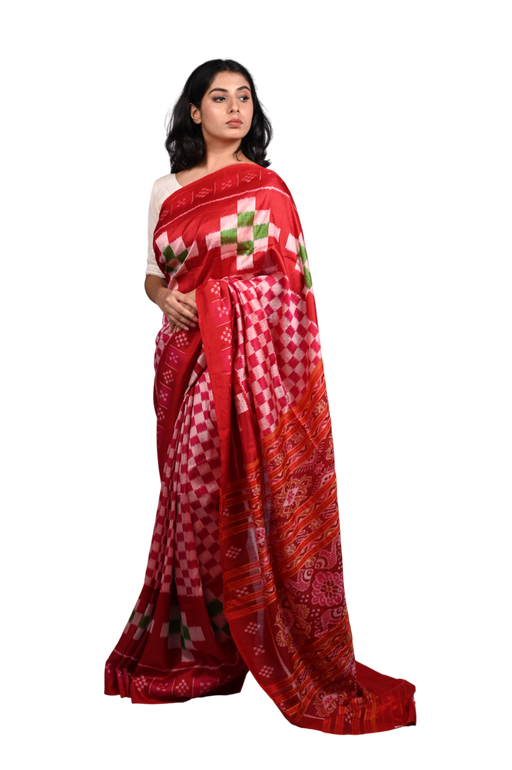 Handwoven Khandua Silk Saree with Ikat motifs inspired by Odisha traditions
