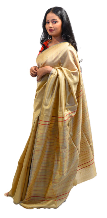 Elegant Tussar Silk Saree with natural golden sheen, handwoven motifs, and blouse piece