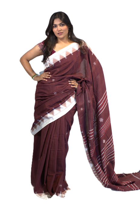 Kotpad Saree – Natural Maroon Body with Buti Tribal Motifs