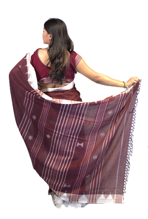 Kotpad Saree – Natural Maroon Body with Buti Tribal Motifs