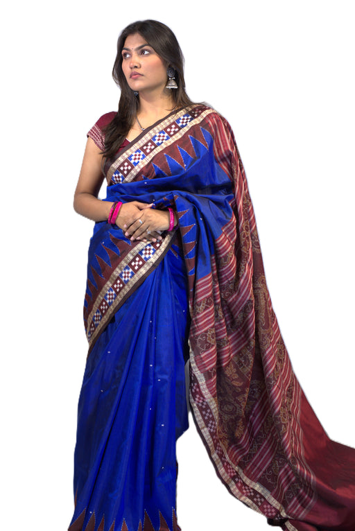 Handwoven Sambalpuri saree from Odisha with Bandha Ikat weave featuring Shankha, Chakra, and Phula motifs, includes blouse piece