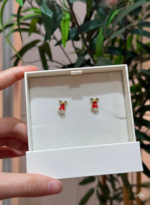 Christmas Earrings – Leaf Design With Pearl and Bell Accents - Samanta Factory