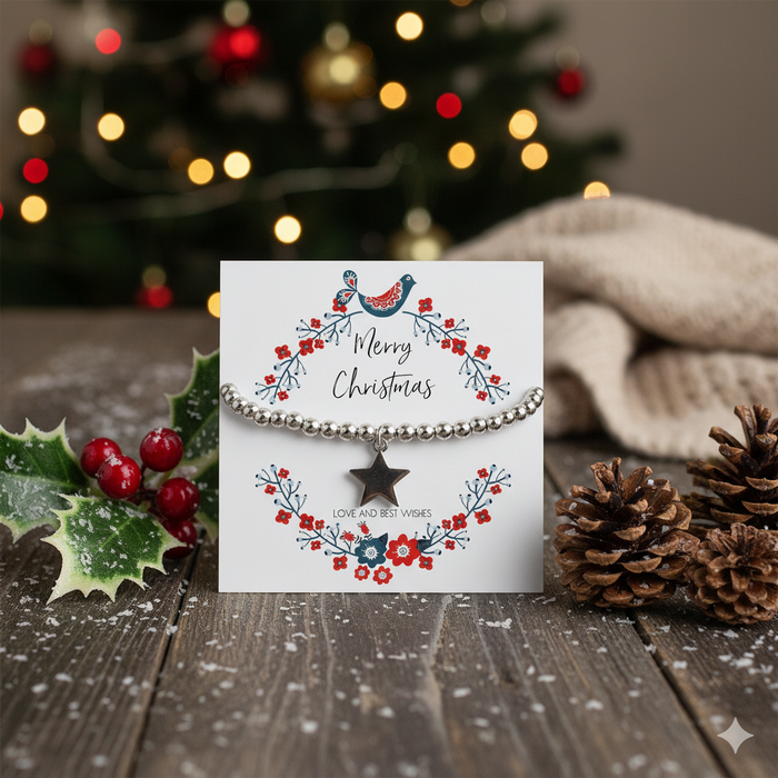 Beaded Bracelet – Silver Star Charm on Christmas Card - Samanta Factory
