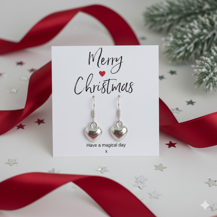 Drop Earrings – Silver Heart Charm on Merry Christmas Card - Samanta Factory