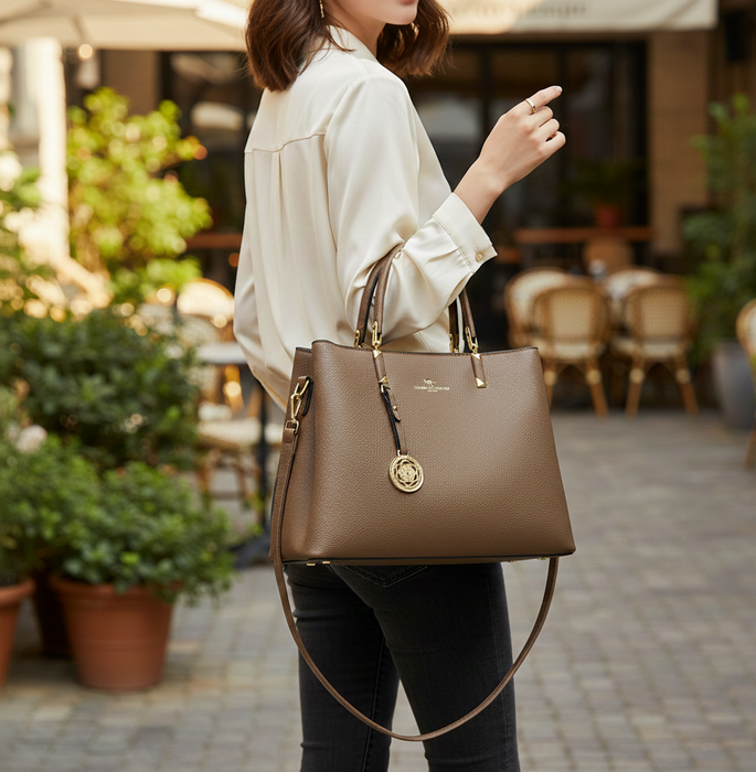 Elegant commuter tote bag in solid color with detachable strap, displayed as both shoulder bag and crossbody option, spacious and stylish design for men and women.