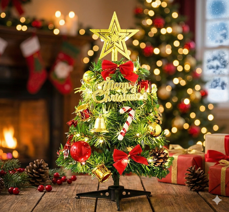 Tabletop Christmas Tree – Mini 30 cm Decor Set with Warm Lights - Samanta Factory