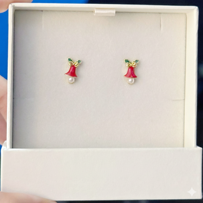 Christmas leaf pearl bell earrings in 18k gold plating with festive detailing