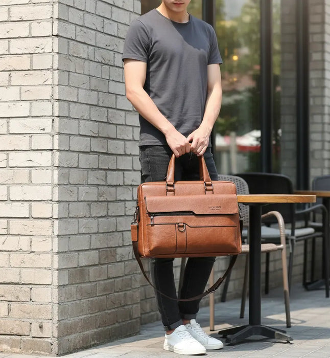 Men’s PU leather business laptop briefcase with flap pocket and zipper closure