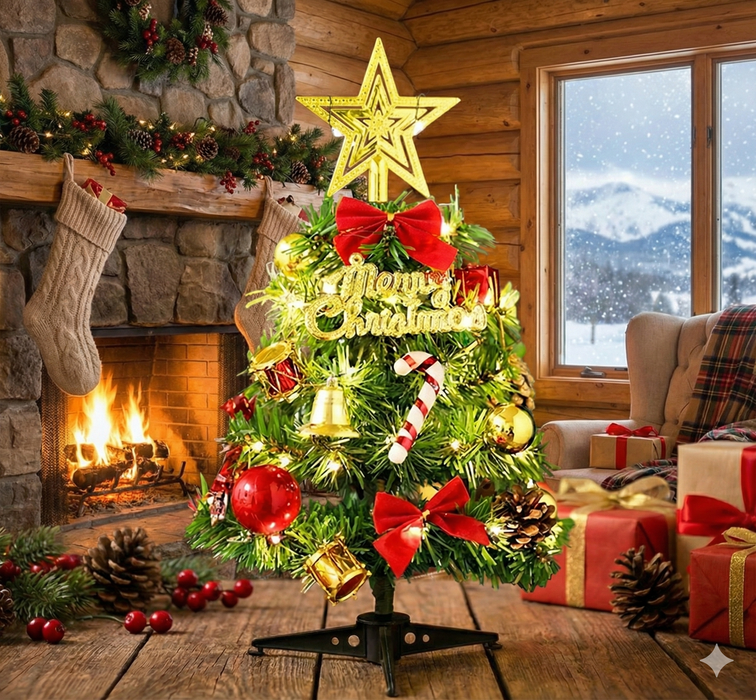 Tabletop Christmas Tree – Mini 30 cm Decor Set with Warm Lights - Samanta Factory