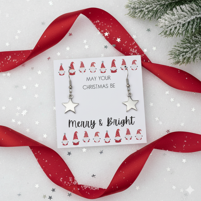 Silver Star Earrings - May Your Christmas Be Card Gift - Samanta Factory