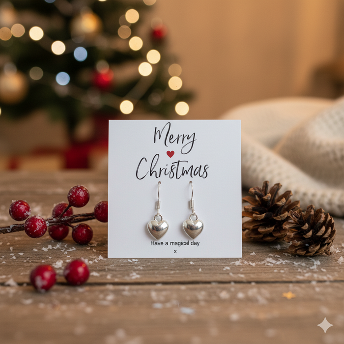 Drop Earrings – Silver Heart Charm on Merry Christmas Card - Samanta Factory