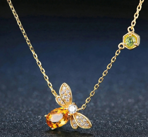 Sterling silver bee pendant necklace with natural citrine and peridot stones
