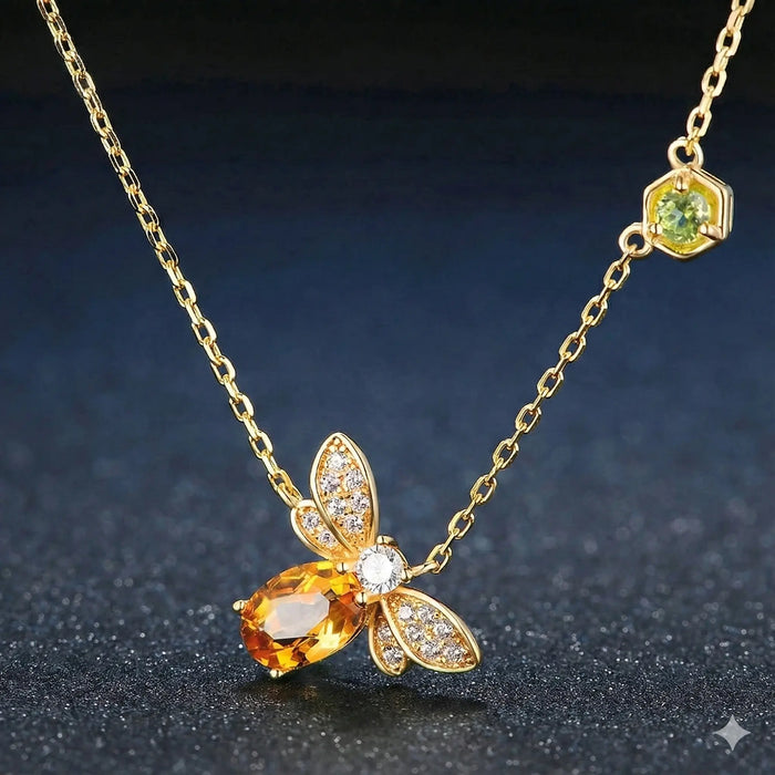 Sterling silver bee pendant necklace with natural citrine and peridot stones