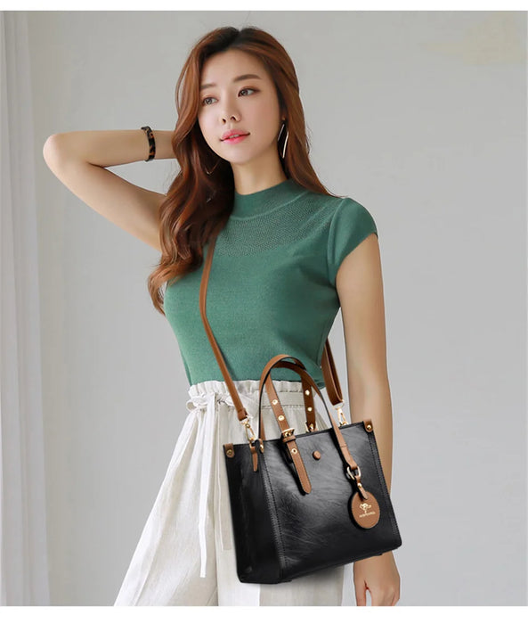 Women’s Leather Handbag – Vintage Casual Tote with Zipper & Hasp Closure - Samanta Factory