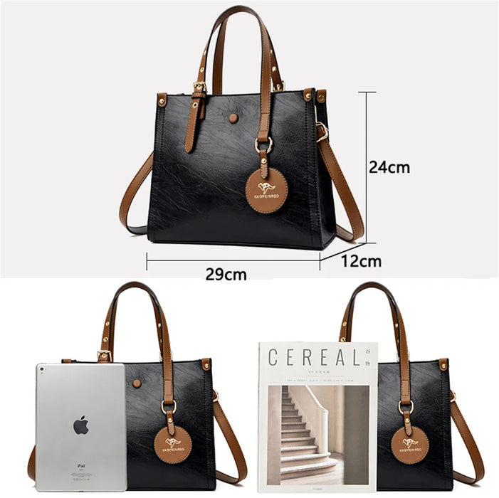 Women’s Leather Handbag – Vintage Casual Tote with Zipper & Hasp Closure - Samanta Factory