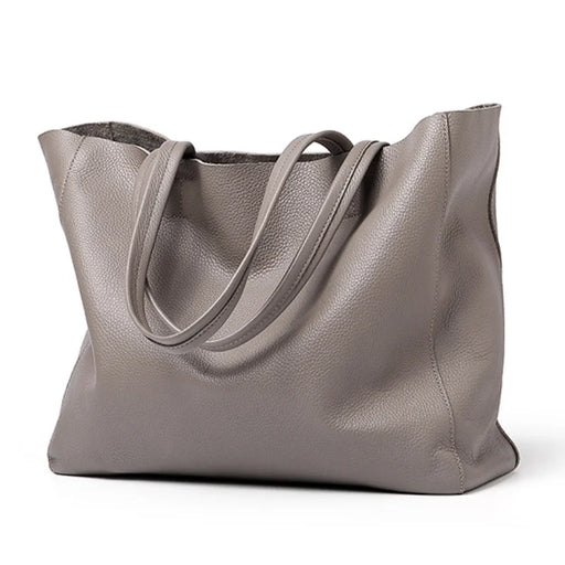 Soft genuine leather casual tote bag for women with multiple interior pockets and zipper closure