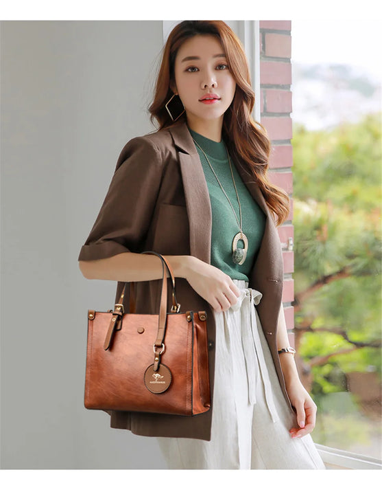 Women’s Leather Handbag – Vintage Casual Tote with Zipper & Hasp Closure - Samanta Factory