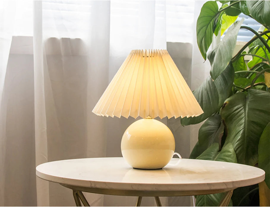 Korean Table Lamp – Vintage Pleated Fabric Shade with Ceramic Base