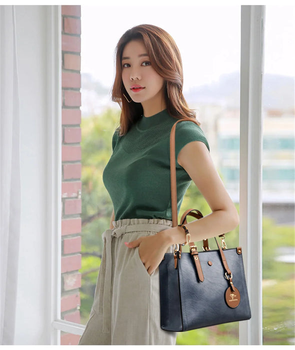 Women’s Leather Handbag – Vintage Casual Tote with Zipper & Hasp Closure - Samanta Factory