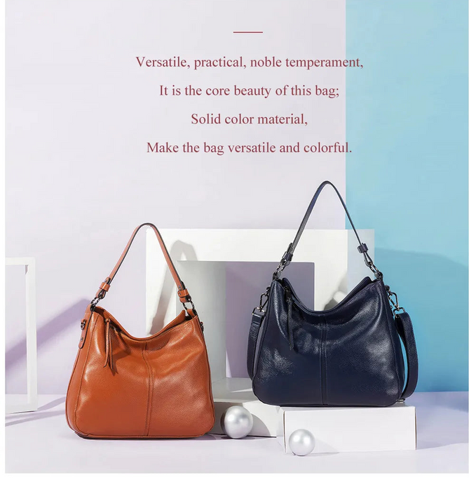 Genuine Leather Shoulder Bag – Soft, Versatile Hobo with Ruched Design - Samanta Factory