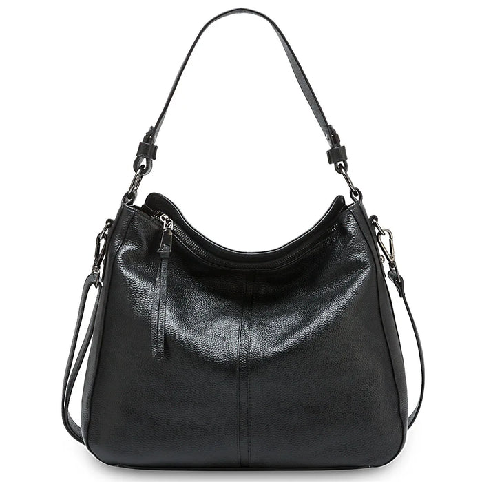Genuine Leather Shoulder Bag – Soft, Versatile Hobo with Ruched Design - Samanta Factory