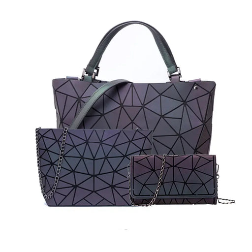 Shimmering PU fold-over shoulder bag for women with geometric pattern, multiple interior pockets, and three straps