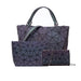 Shimmering PU fold-over shoulder bag for women with geometric pattern, multiple interior pockets, and three straps
