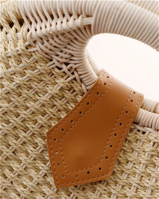 Women's Natural Rattan Handwoven Round Shell Handbag Top-handle Bag Summer Fashion Bohemia Female Casual Tote Clutch Beach Bag SF