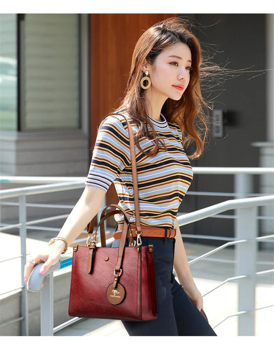 Women’s Leather Handbag – Vintage Casual Tote with Zipper & Hasp Closure - Samanta Factory
