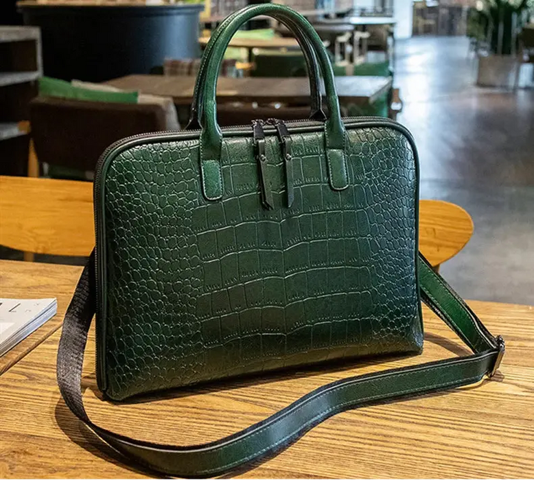 Women’s genuine leather laptop briefcase with zipper closure and animal print design