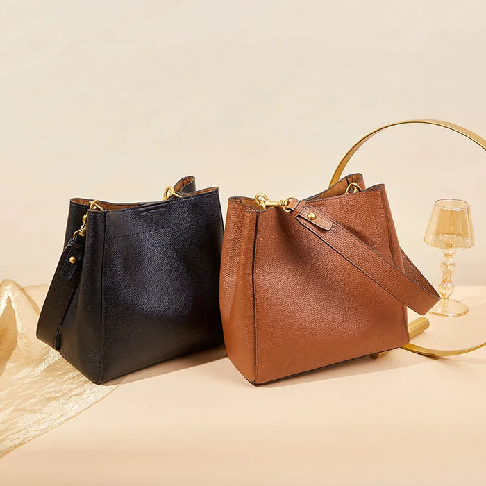 Women’s Genuine Leather Bucket Bag – Soft Cowhide Shoulder Handbag - Samanta Factory