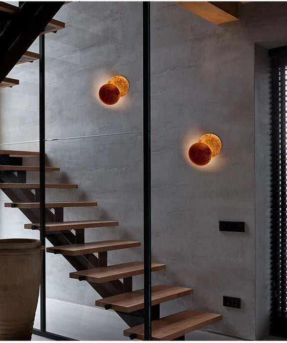 Gold Copper Moon Eclipse LED Wall Lamp with Fabric Shade and Sensor Switch for Bedroom