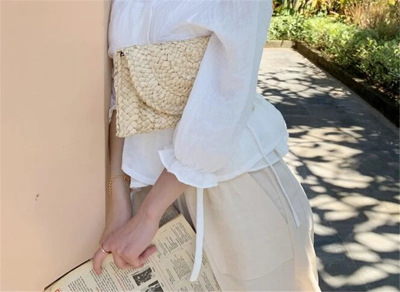 Boho Straw Flap Bag for Women – Hard Shell Woven Handbag for Summer Outings