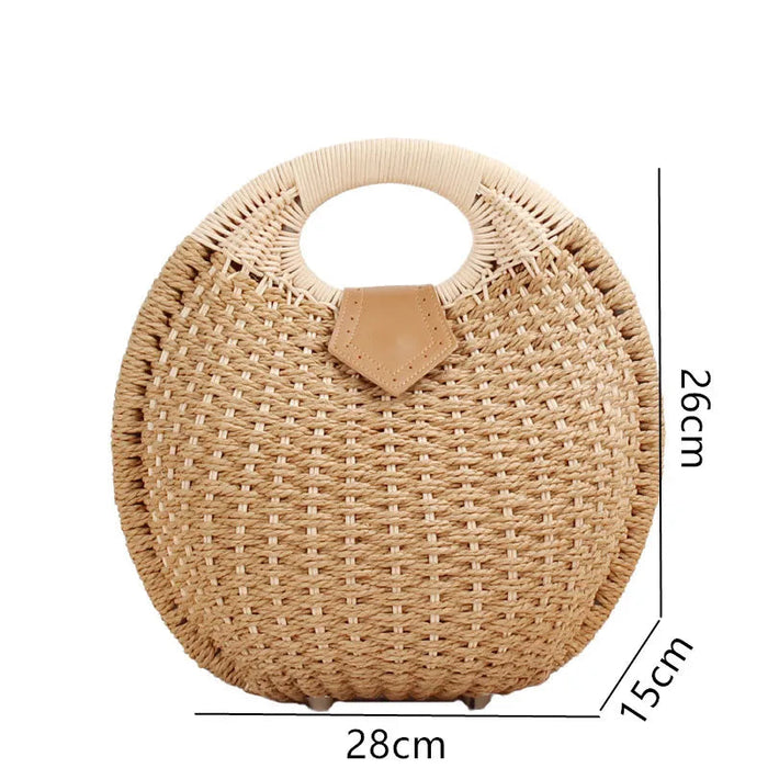 Women's Natural Rattan Handwoven Round Shell Handbag Top-handle Bag Summer Fashion Bohemia Female Casual Tote Clutch Beach Bag SF