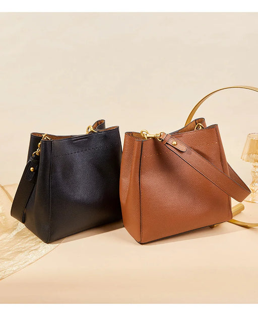 Women’s genuine leather bucket bag – soft cowhide shoulder handbag with hasp closure and multiple compartments