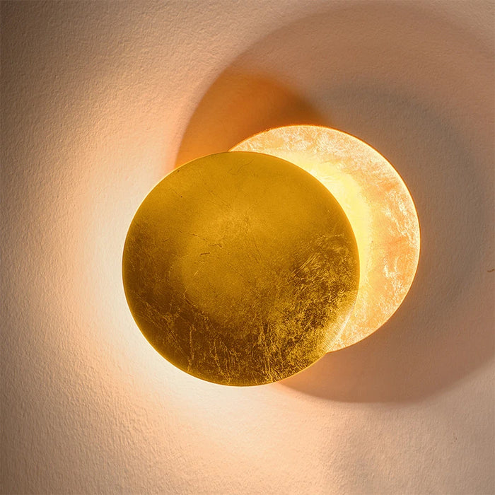 Gold Copper Moon Eclipse LED Wall Lamp with Fabric Shade and Sensor Switch for Bedroom
