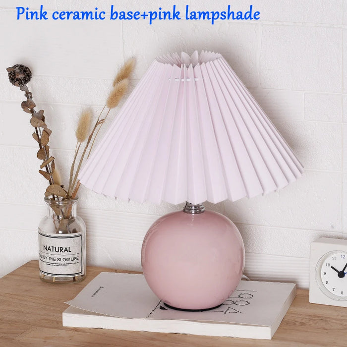 Korean Table Lamp – Vintage Pleated Fabric Shade with Ceramic Base