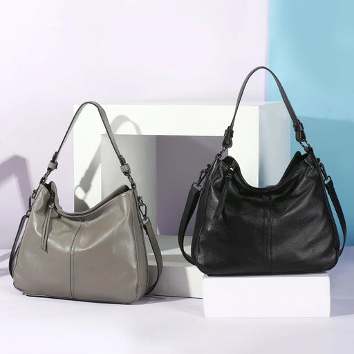Soft genuine leather ruched shoulder bag for women with multiple pockets and cotton lining