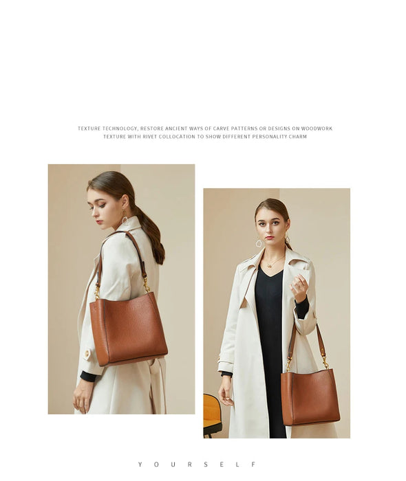 Women’s Genuine Leather Bucket Bag – Soft Cowhide Shoulder Handbag - Samanta Factory