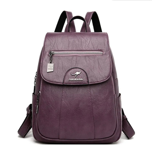 Women’s Genuine Leather Backpack with sheepskin leather, embossed details, ergonomic shoulder straps, and rain cover for ultimate convenience.